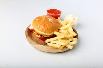 beef burger french fries on white background isolated