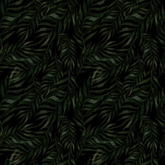 Fototapeta na wymiar Exotic tropical watercolor background with hawaiian plant.Seamless green tropical pattern with palm leaves.Exotic botanical vintage palm trees, jungle wallpaper on a black bakground