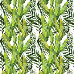 Watercolor seamless pattern, tropical leaves on an isolated background, watercolor, painting, botanical illustration, floral design, palms, banana leaves