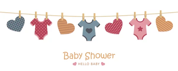 Fototapeten baby shower welcome greeting card for childbirth with hanging hearts and bodysuits vector illustration EPS10 © krissikunterbunt