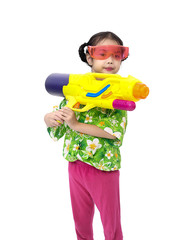 Young Asian girl with water gun on white background, Songkran Festival concept.