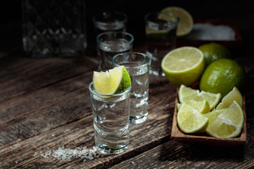 Tequila with  salt and lime on a old wooden background.