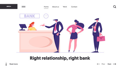 Queue in Bank Website Landing Page. Visitors in Bank Office Public Access to Financial Services. Worker Sit at Counter Desk Clients Waiting Consulting Web Page Banner. Cartoon Flat Vector Illustration