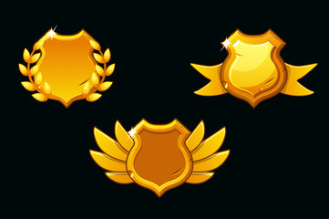 Vector medieval shields in gold color. Empty template shield. Award shield with wings, ribbon and laurel wreath