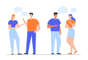 Group of Young People Communicating with Speech Bubbles on White Background. Men and Women Talking Chatting and Communicate. Business People Discuss and Make Decisions Cartoon Flat Vector Illustration