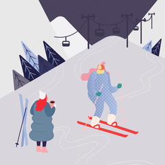 Woman Skiing in the mountains. People character with skis on the snow landscape background. Winter outdoors leisure in resort, extreme sport. Vector illustration .
