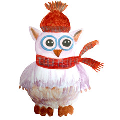 Watercolor owl in a scarf and hat on a white background