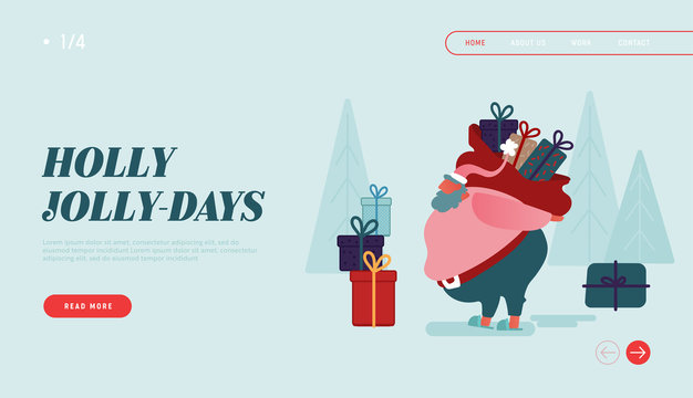 Winter Holidays Landing Page Template. Merry Christmas and Happy New Year Website Layout with Santa Claus Characters carring presents, holding gifts. Vector illustration
