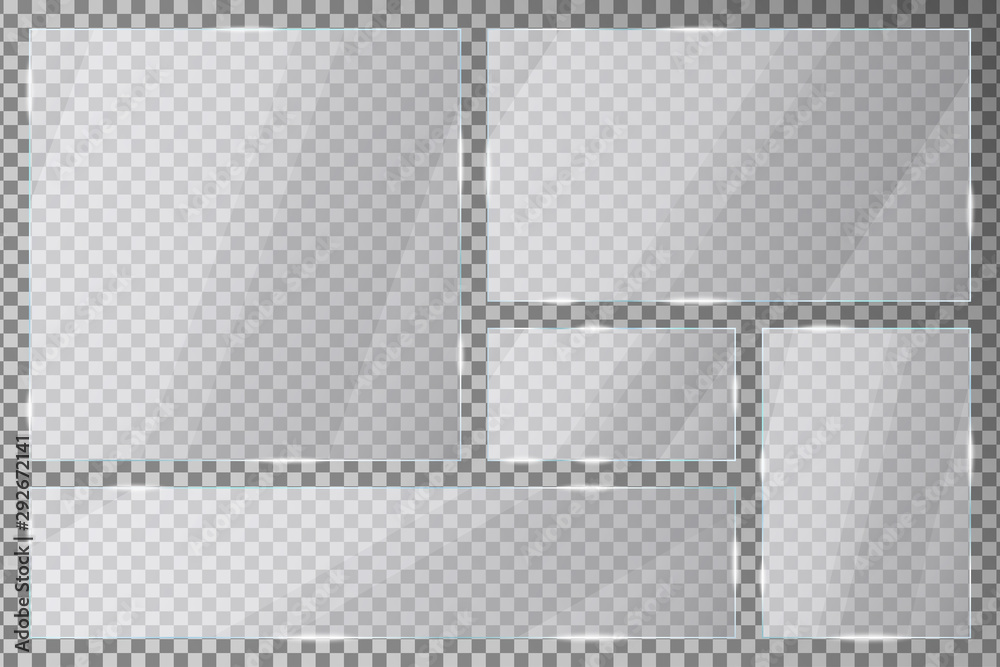Aufkleber glass plates set on transparent background. acrylic or plexiglass plates with gleams and light refle