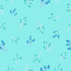 Cold, winter seamless pattern with branches and berries on blue background.