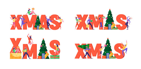 Xmas Corporate Celebration Concept Set. Winter Season Holidays, Tiny Business People Celebrating Christmas Poster Banner Flyer Brochure Poster, Banner, Flyer, Brochure Cartoon Flat Vector Illustration