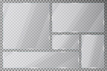 Glass plates set on transparent background. Acrylic or plexiglass plates with gleams and light reflections in rectangle and square shapes. Vector illustration. - obrazy, fototapety, plakaty