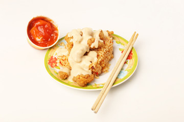 teriyaki chicken rice with crackers isolated