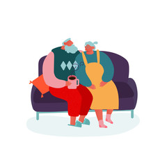 Christmas Season and Winter Family celebration, Grandma and Grandpa sitting on a couch. People Character Celebrating New Year Eve. Merry Xmas Holiday Party. Vector illustration.