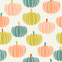 Cute seamless pattern with hand painted pumpkins in green, orange and peach on cream background. - 292672508