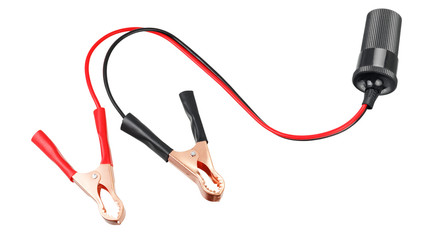 Car socket with battery clamps isolated on a white background. Used to directly connect equipment in the car to the battery.