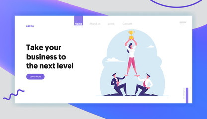 Successful Dream Team Website Landing Page. Business Development and Teamwork. Businessmen Businesswoman Making Pyramid to Reach Golden Trophy Goblet Web Page Banner. Cartoon Flat Vector Illustration