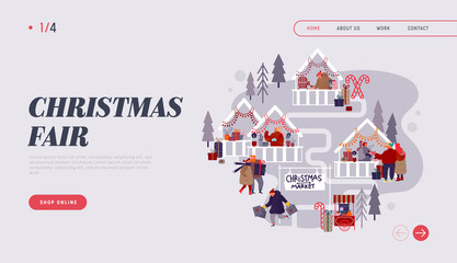 Christmas Market Internet advertisement. Landing page with People characters doing Online shopping on Xmas fair, buying festive gifts for New Year Party Website. Cartoon Flat Vector Illustration
