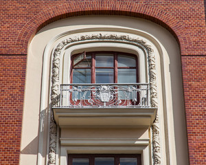 Moscow, Russia, August 27, 2019. Fragment of the facade of a typical historic modernist building on Petrovka Street