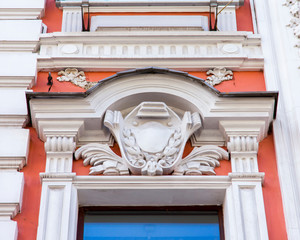 Moscow, Russia, August 27, 2019. Fragment of the facade of a typical historic modernist building on Petrovka Street