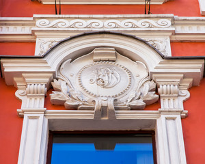 Moscow, Russia, August 27, 2019. Fragment of the facade of a typical historic modernist building on Petrovka Street