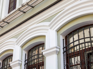 Moscow, Russia, August 27, 2019. Fragment of the facade of a typical historic modernist building on Petrovka Street