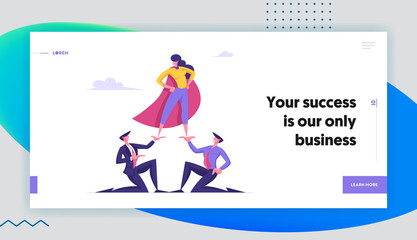 Corporate Hierarchy Website Landing Page. Business Woman in Super Hero Cloak Stand on Top of Pyramid. Business Men Hold Successful Colleague on Hands Web Page Banner. Cartoon Flat Vector Illustration