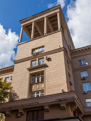 Moscow, Russia, August 27, 2019. Fragment of the facade of a typical historic building in downtown