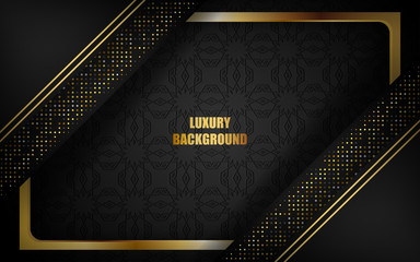 Abstract luxury black background overlap layer on dark space with golden lines combinations for design template. Texture with golden glitters dots element decoration.