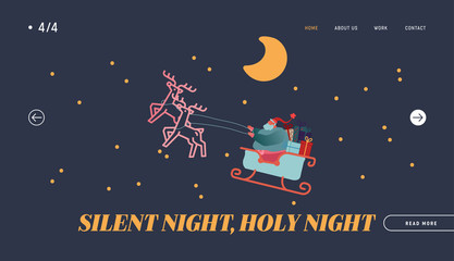 Winter Holidays Landing Page Template. Merry Christmas and Happy New Year Website Layout with Santa Claus Characters riding sledge with gifts and presents. Vector illustration