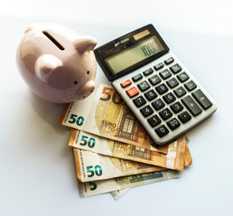 Banknotes and Calculator, Euro Banknotes on White Background