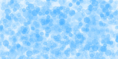 Soft white and blue Christmas abstract background with white boken snow elements. Magic holiday texture with copy space. Glitter light spots on delicate backdrop. New Year horizontal image web banner.