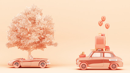 Concept retro car with luggage surrounded by travel equipment in pink pastel color tone. 3d rendering