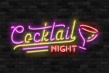 Fototapeta na wymiar Vector realistic isolated neon sign of Cocktail Night logo for template decoration and covering on the wall background. Concept of free drinks, happy hour and night club.