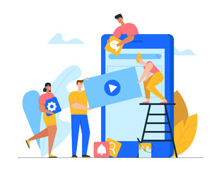 Designers Develop Application for Mobile Phone. Business People Creative Team Putting App Icons on Huge Smartphone Screen. Busy Working Process Cooperation, Teamwork. Cartoon Flat Vector Illustration