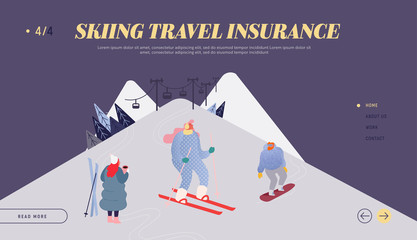 People Skiing, Snowboarding Website Landing Page. Man and Woman Characters Winter Season Sport Activity at Mountain Resort, Recreation Lifestyle Web Page Banner Concept. Vector Illustration