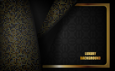 Abstract luxury black background overlap layer on dark space with golden lines combinations for design template. Texture with golden glitters dots element decoration.