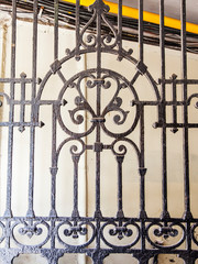 Moscow, Russia, August 27, 2019. A fragment of the beautiful decorative fence of the rock on Petrovka Street is one of the typical Moscow streets with a traditional architectural ensemble.