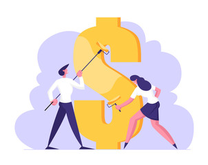 Fototapeta premium Business Man and Woman with Rollers Drawing Huge Dollar Sign with Gold Paint. Economy and Finance Success, Commerce, Money Profit, Bank Cash, Money Currency Symbol Cartoon Flat Vector Illustration