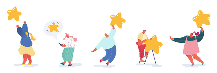 Landing Page, web design, banner with Woman leaving best review. Customer experience or satisfaction, positive feedback, five star rating, product or service review and evaluation. Vector illustration