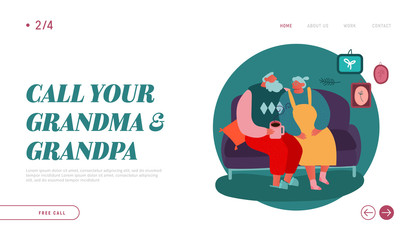 Winter Festive Season, Xmas Celebration Website Landing Page. Christmas Holidays Celebrating. People Characters, Grandma and Grandpa Hugging Web Page Banner. Flat Vector Illustration