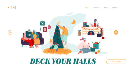 Winter Festive Season, Xmas Celebration Website Landing Page. Christmas Holidays Celebrating. People Characters, Decorate Home and Christmas Tree, giving presents Web Page Banner. Vector Illustration