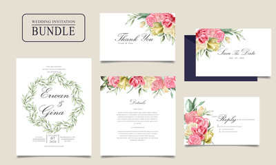 Fototapeta na wymiar Wedding invitation card bundle with watercolor floral and leaves