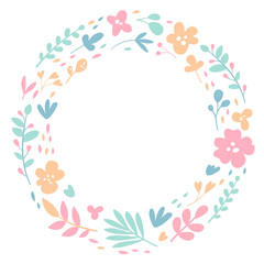 Round flowers and plants frame. Flat design. Place for your text. Flower crown. White background isolated. Botany, leaves, floral