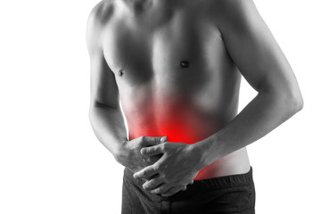 Man with abdominal pain, stomach ache isolated on white background