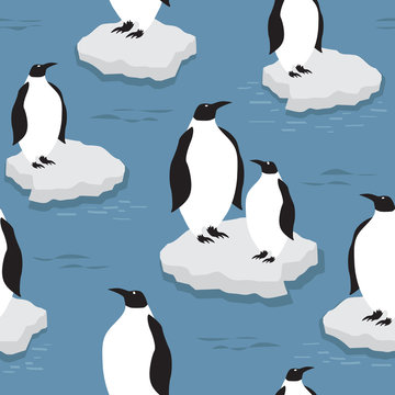 Colorful background with penguins on the ice floes. Decorative cute backdrop vector. Sea birds, seamless pattern