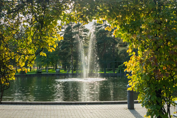 A park in the city center with a pond and a fountain, Kouvola, Finland