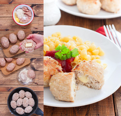 Collage of step-by-step cooking of homemade turkey cutlets with cheese filling, selective focus