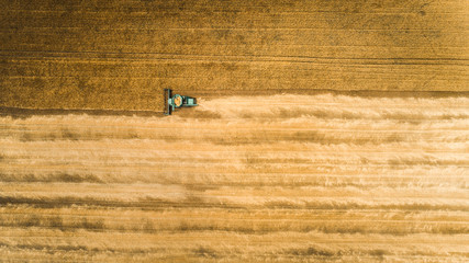 Harvester working in field and mows wheat. Ukraine. Aerial view.