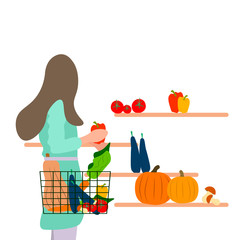 Girl buys vegetables. In cartoon flat style
